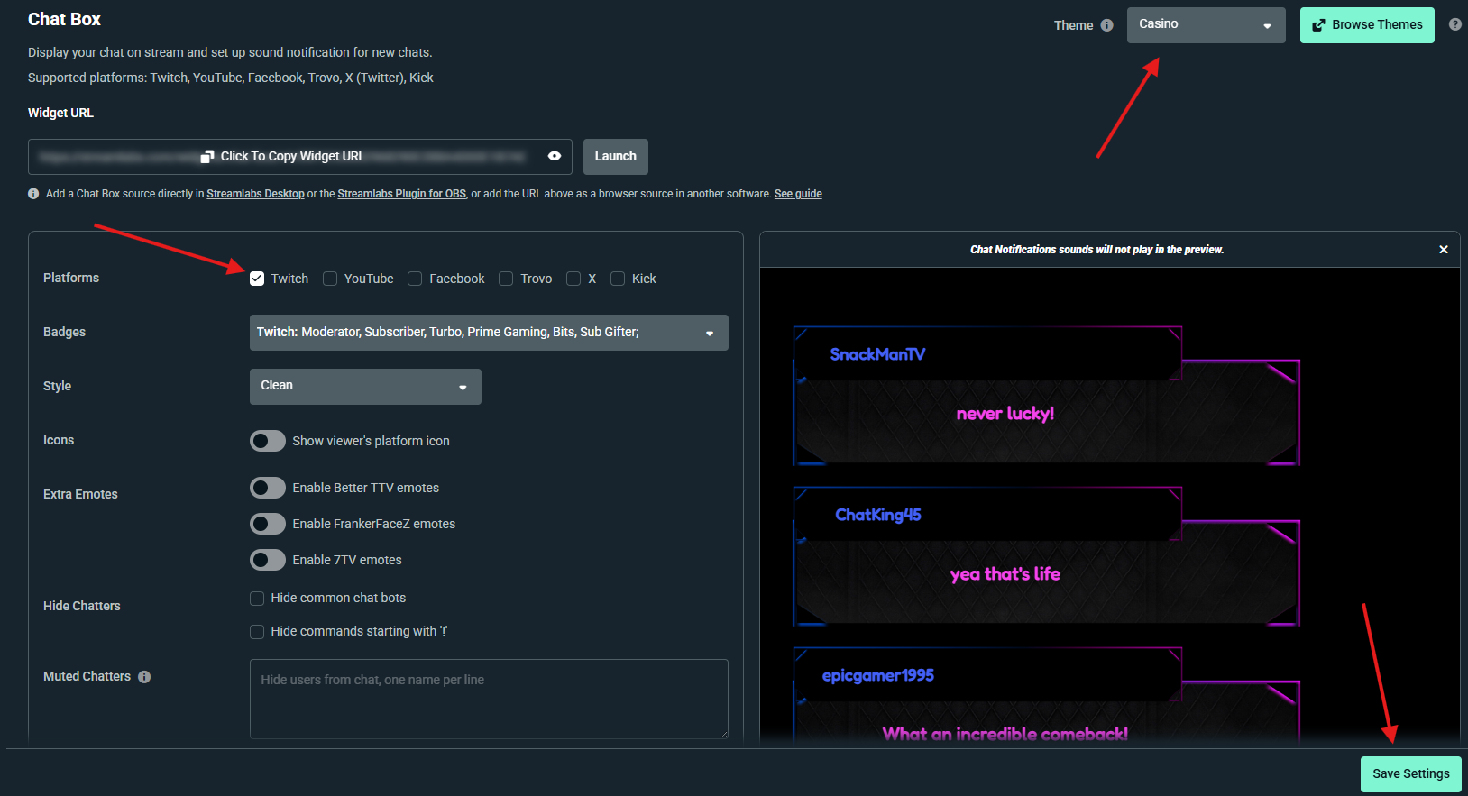 Chat Box settings in Streamlabs Dashboard turning on only Twitch chat